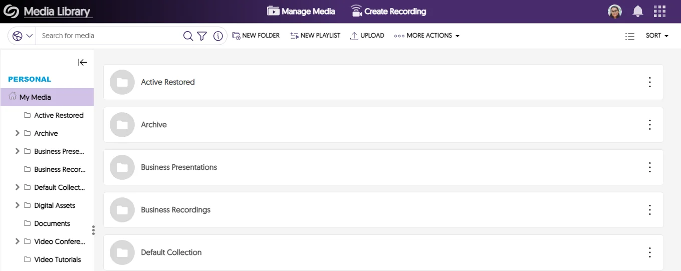 Folders on the Video Platform are shown in a list view.