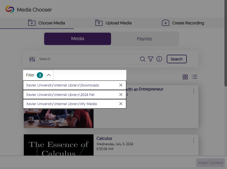 Folders selected in the media chooser are shown.