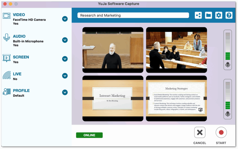 YuJa Software Capture Confidence Monitor with the new four-panel layout.