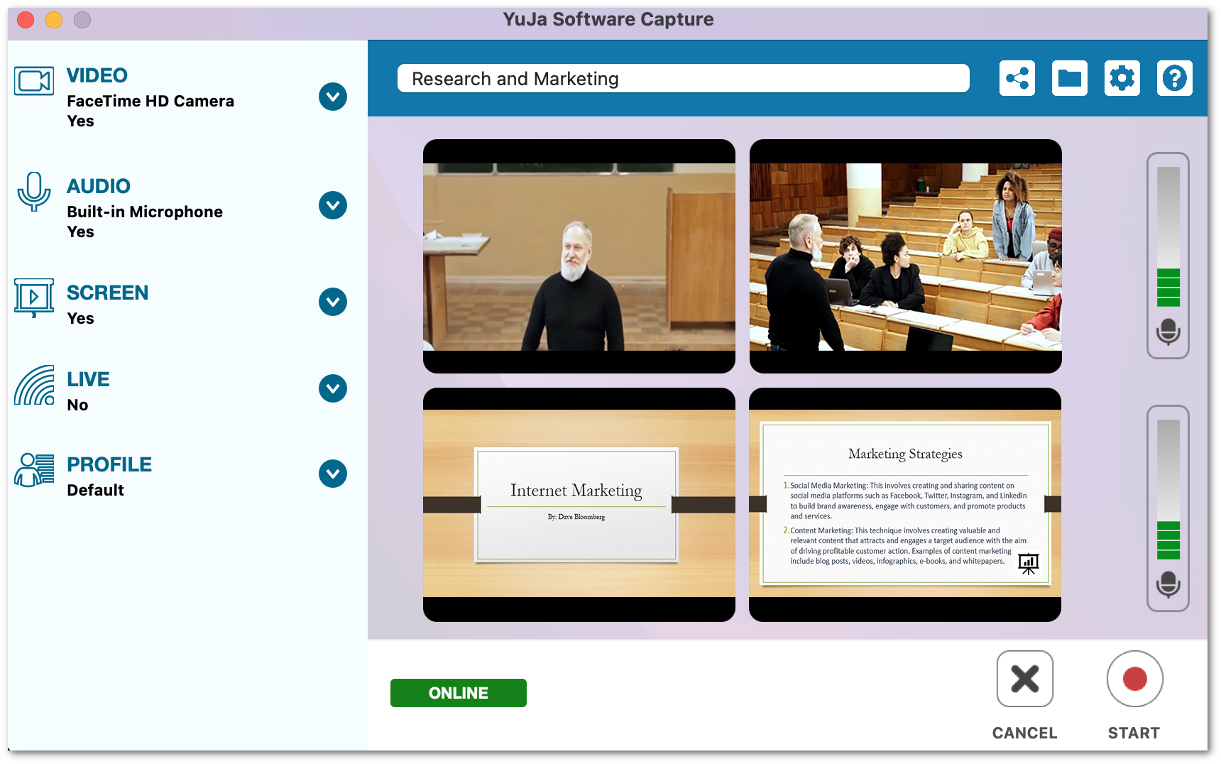 YuJa Software Capture Confidence Monitor with the new four-panel layout.