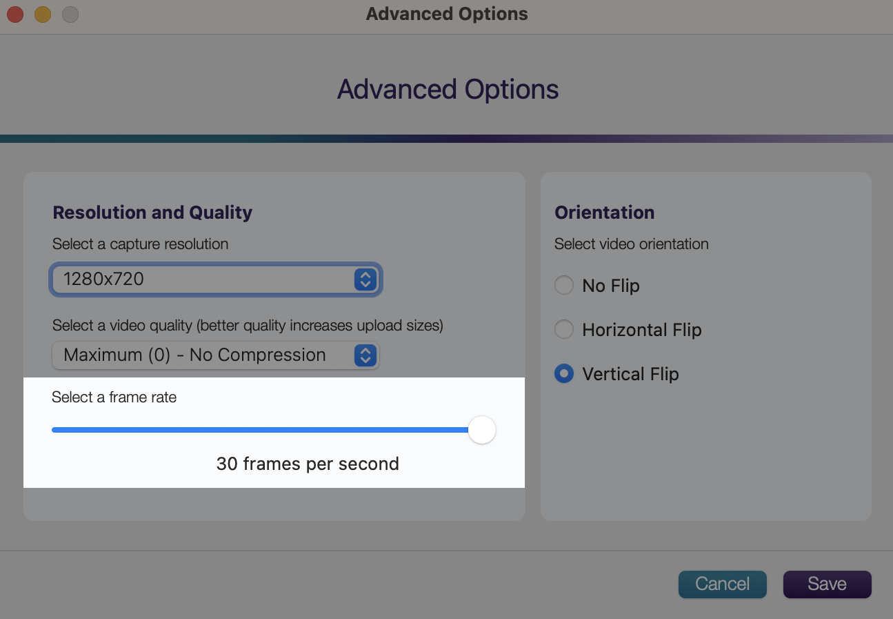 The frame rate for the video feed is set to 30 fps.