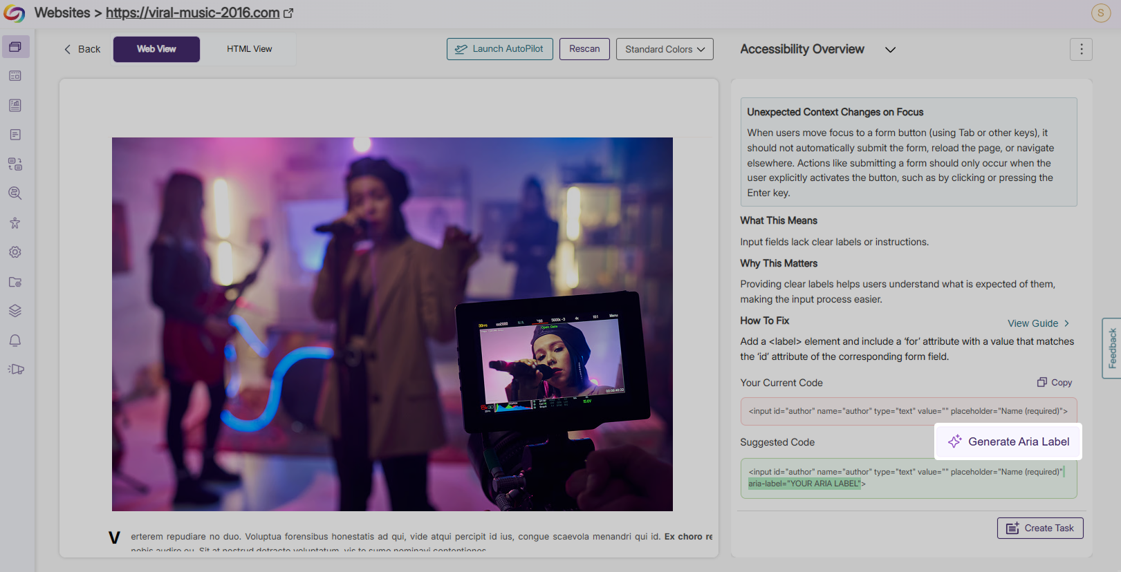 Generate an Aria label on a website in EqualGround.