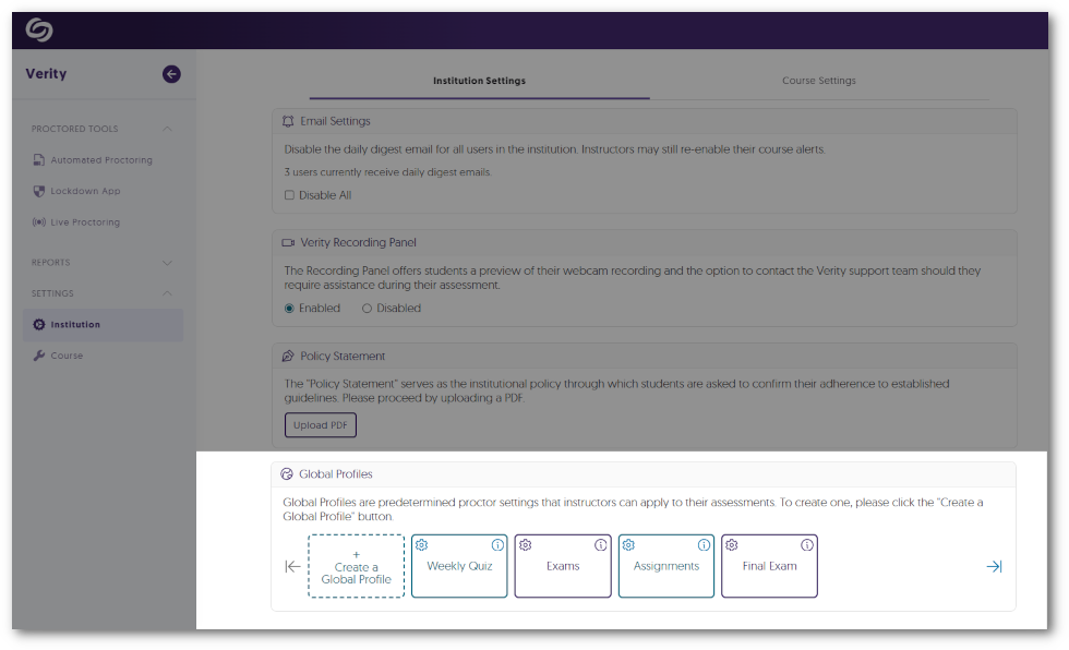 The Global profiles feature within the Institution Settings in the Verity LTI app shows custom created profiles.