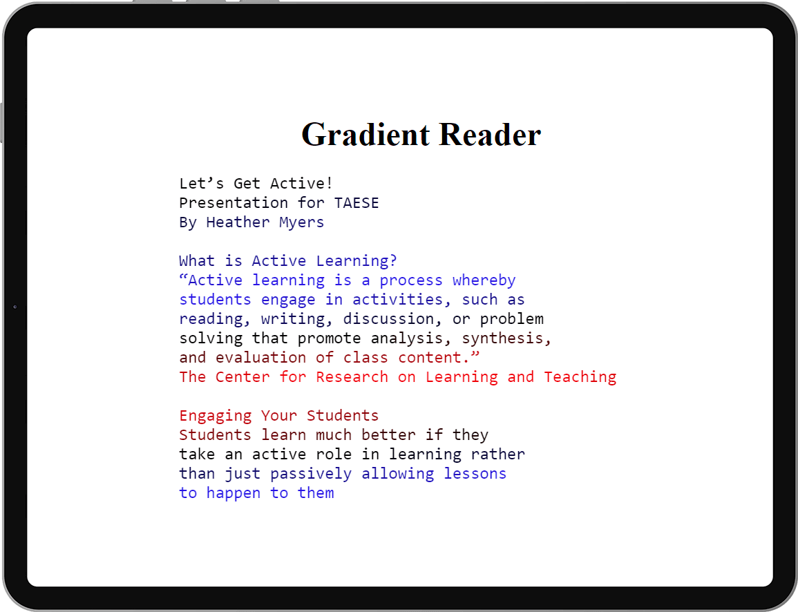 Text shown in a gradient reader with lines in different colors.