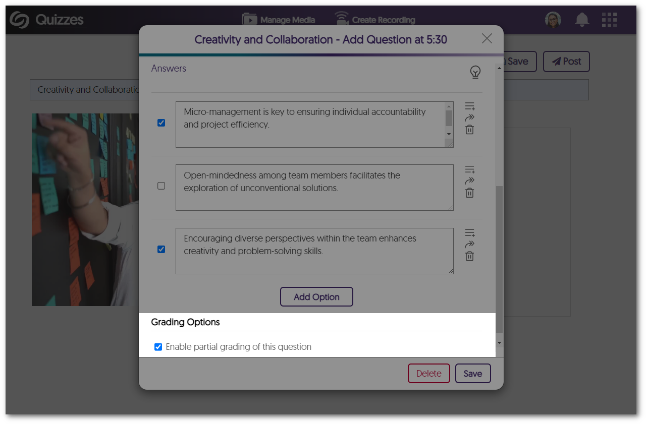 Grading option to enable partial grading in the Select Multiple question type.