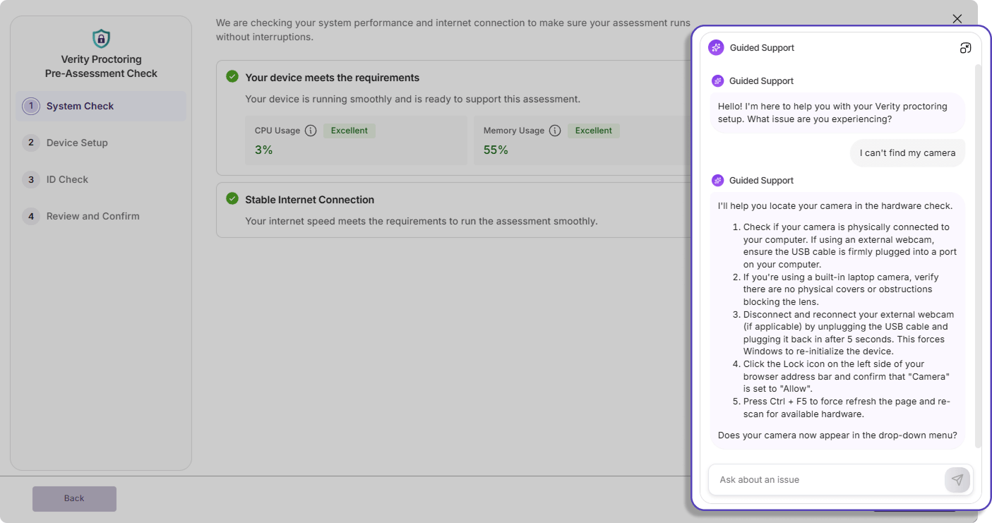 Guided support modal emphasized during Verity Proctoring Pre-Assessment Check.