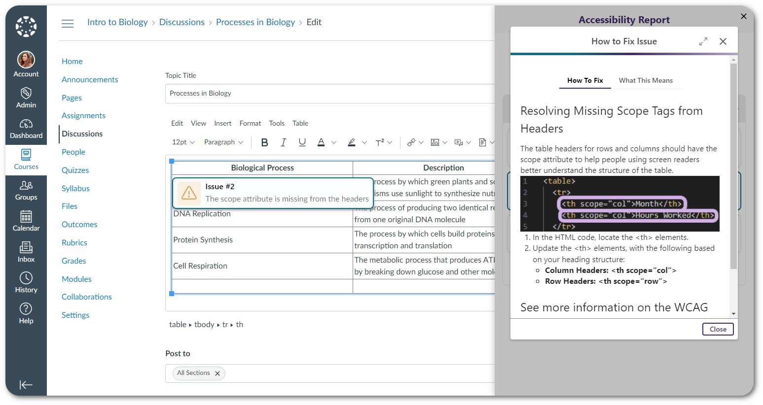 An html issue for missing heading scope is shown with instructions on how to fix the issue.