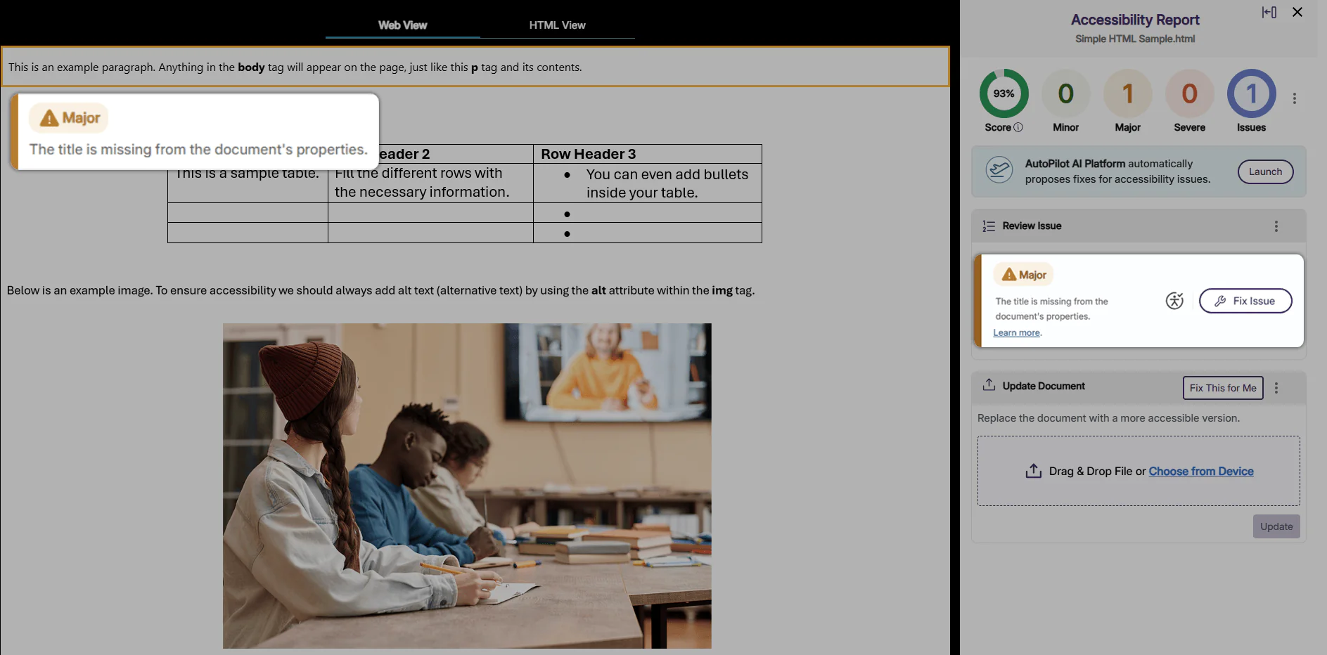 HTML document open in the YuJa Panorama Accessibility Report that is flagged for a missing title in the document properties.