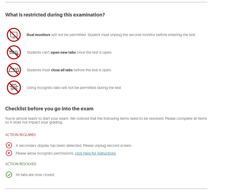 Shown is the screen students see in YuJa Verity before they take a test. It displays what will happen, what is restricted, a section on name verification and support outreach options.