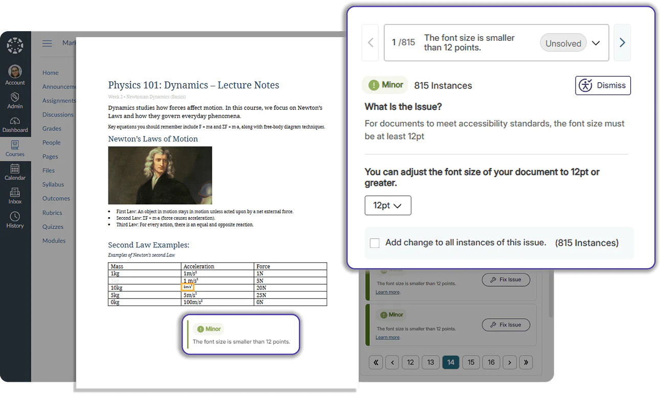 A document in Canvas with an issue highlighted and detailed in Panorama.