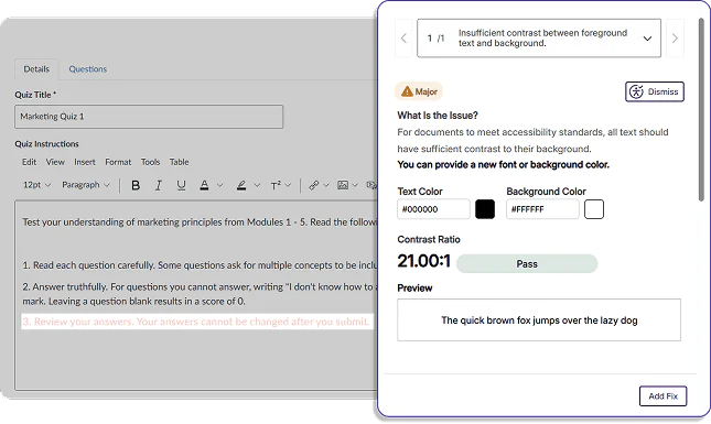 Insufficient Color Contrast flagged inside the Canvas content area.