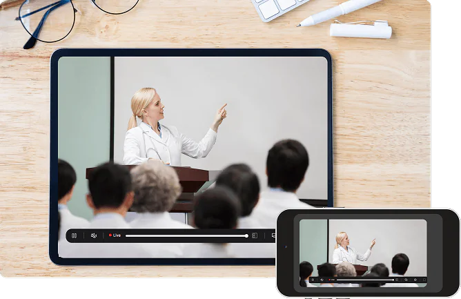 A lecture plays on a tablet.