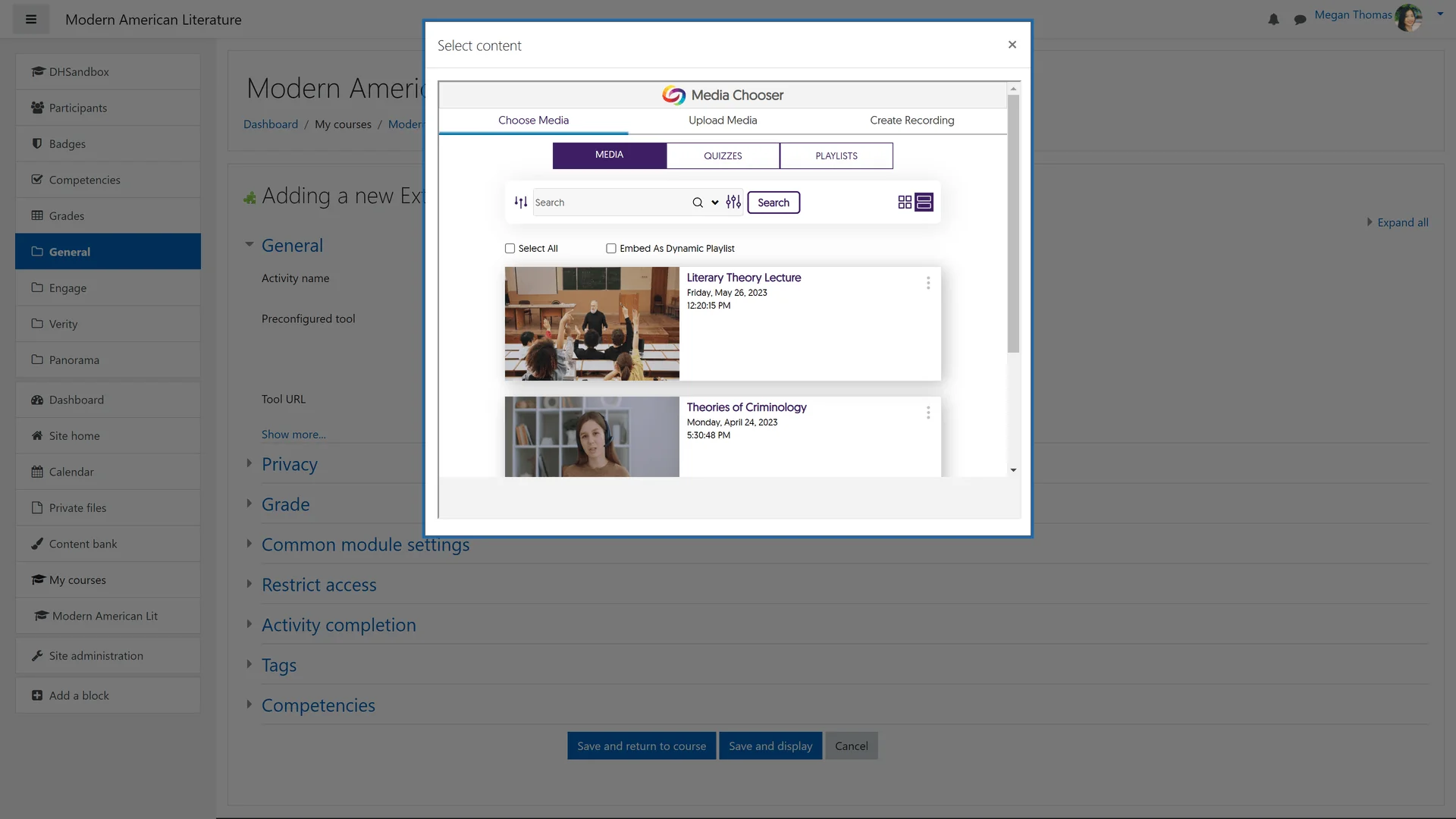 YuJa Media Library inside Moodle.