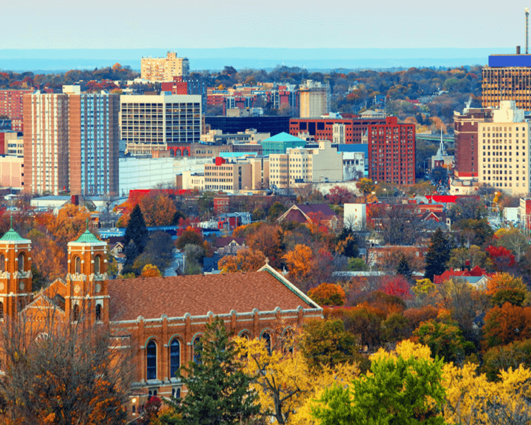 City skyline with buildings and trees in the background.