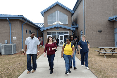 Students walking in front of Pamlico Community College.