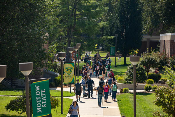 Students walking on the campus of Motlow State Community College.