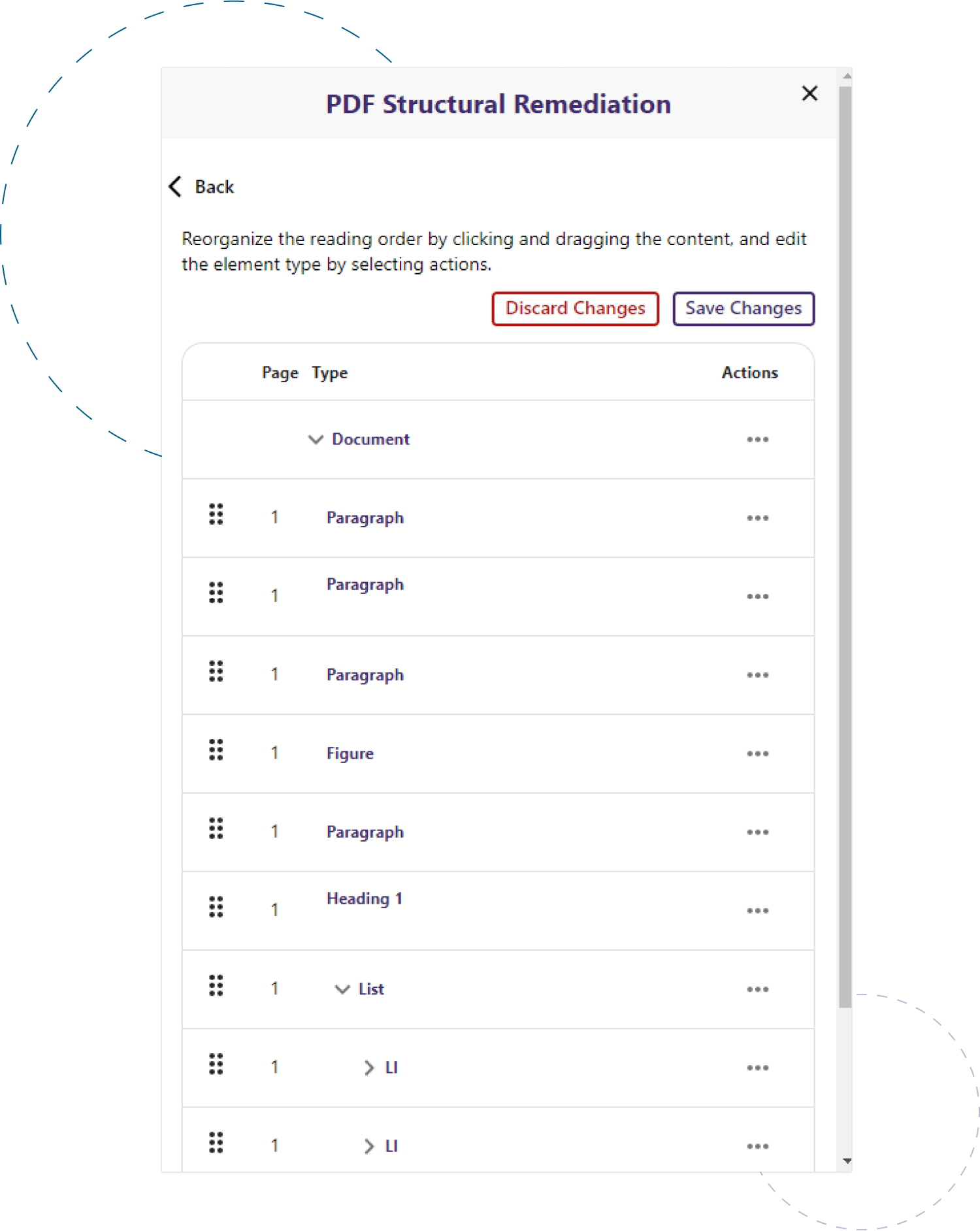 PDF structural remediation screen with the reading order panel open.