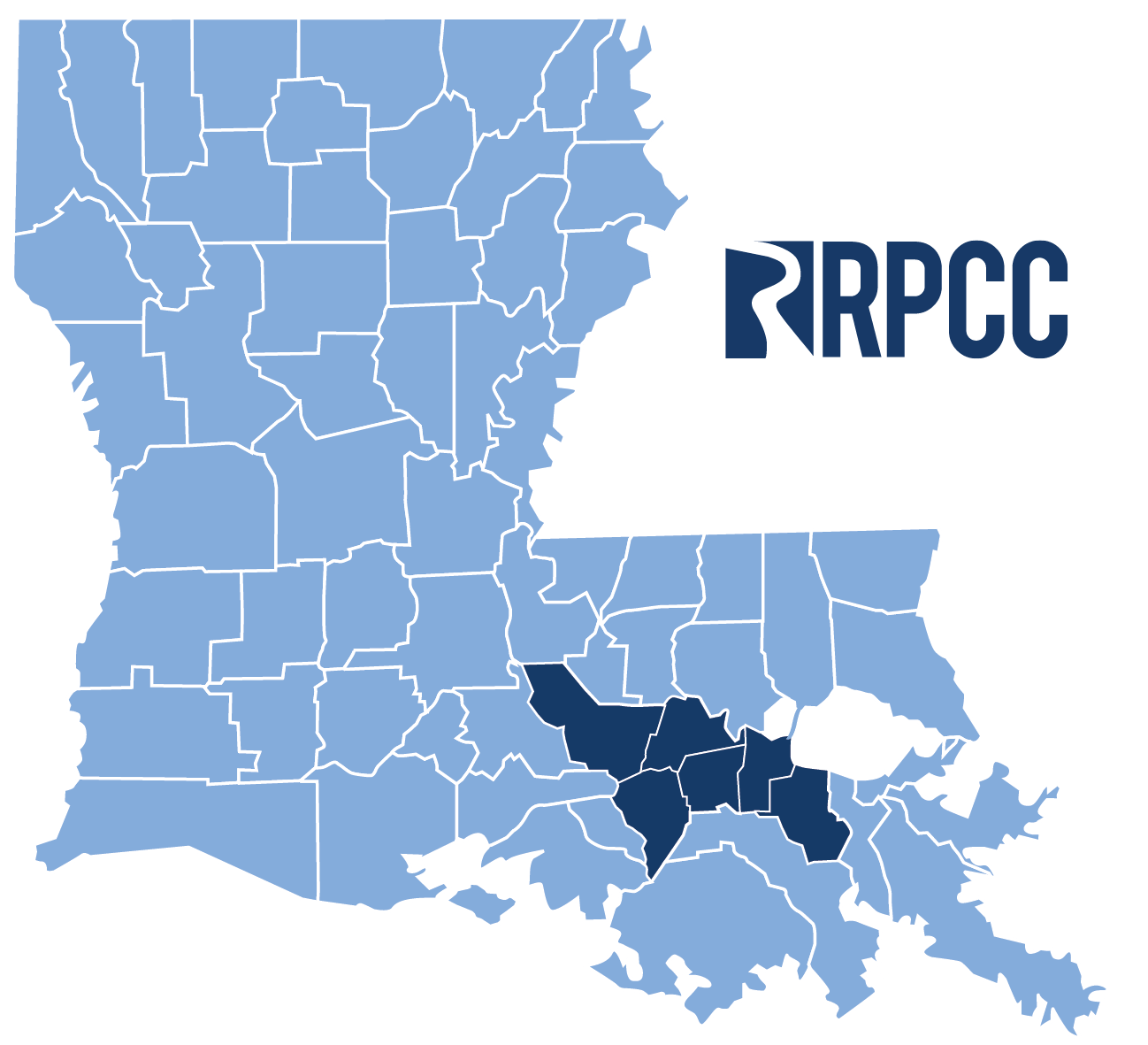 Map with River Parishes Community College areas highlighted.