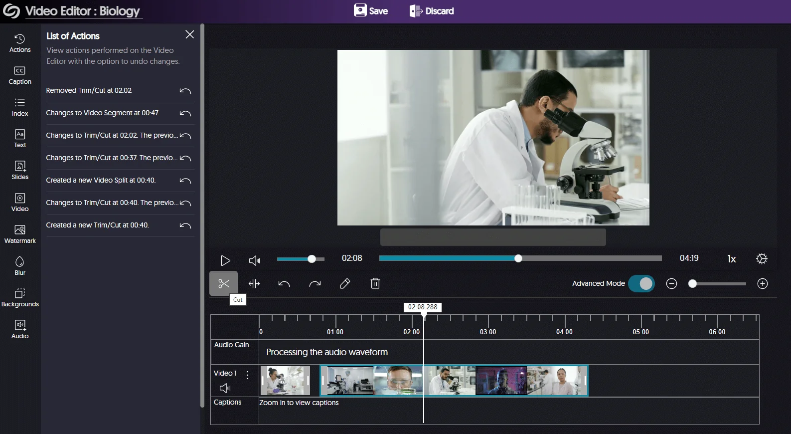 Video editing pop up.