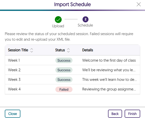 The import schedule shows a list of successful and failed imported schedules. 