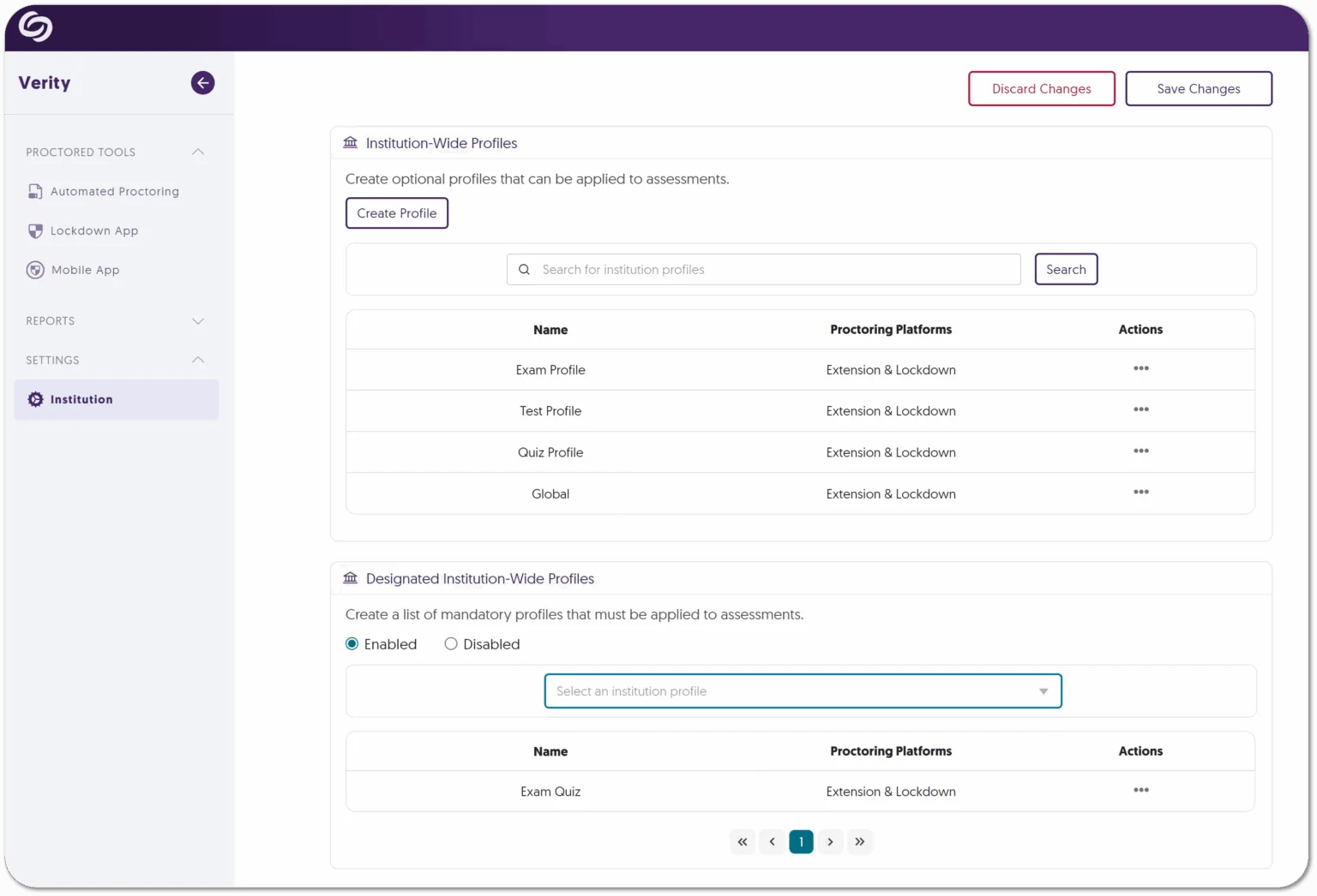 The institution-wide profiles and designated profiles are shown in YuJa Verity's Institution settings.
