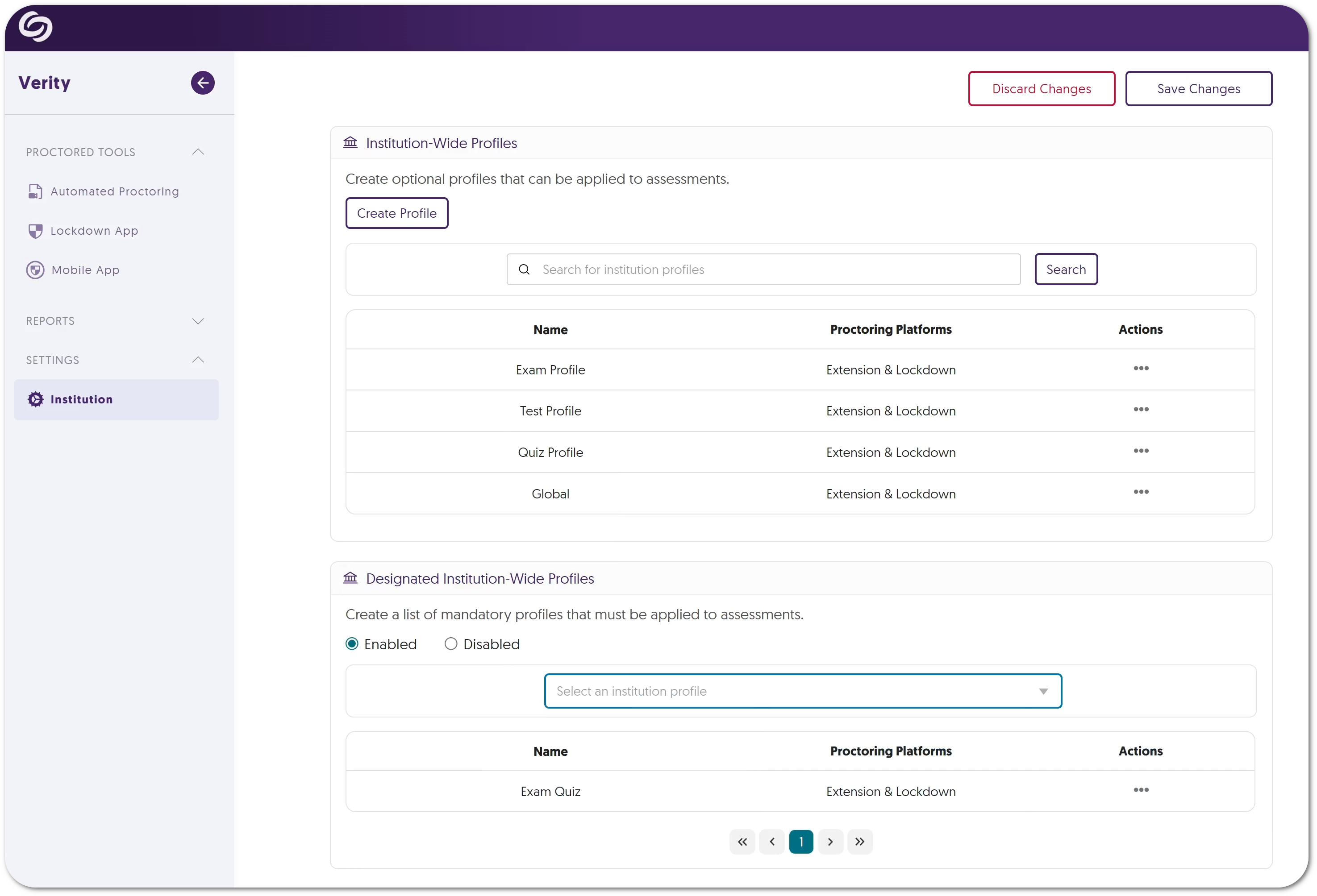 The institution-wide profiles and designated profiles are shown in Verity's Institution settings.