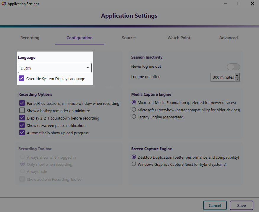 In the configuration settings for Software Capture, the Dutch language is selected. 