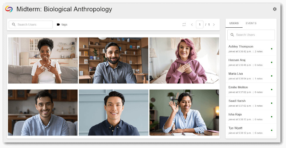Proctor view of students taking a test. A list of Events including student names are seen to the left.