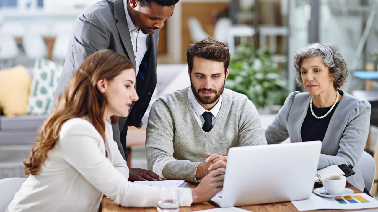 Business professionals collaborating in a modern office.