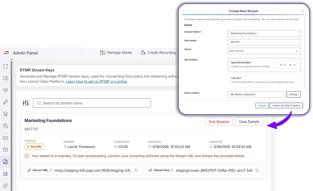 Automatically Created Sessions: A session is automatically generated when a new stream is created, allowing instructors to immediately start broadcasting.