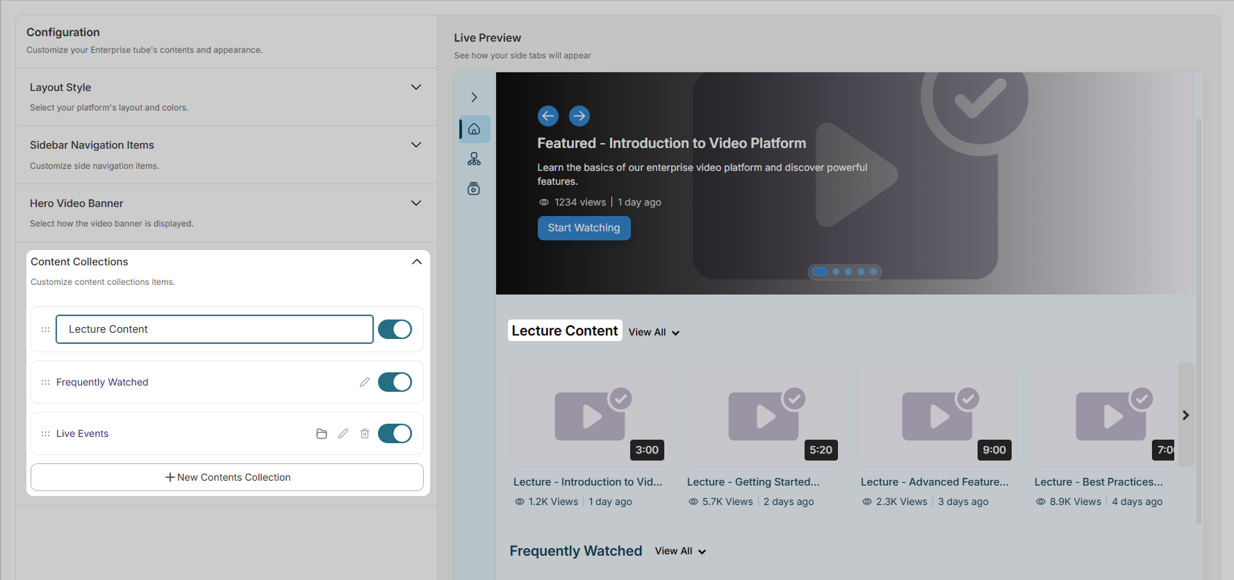 Content Collections: Choose the content collections to display on your VideoTube page. You can also add a new collection.