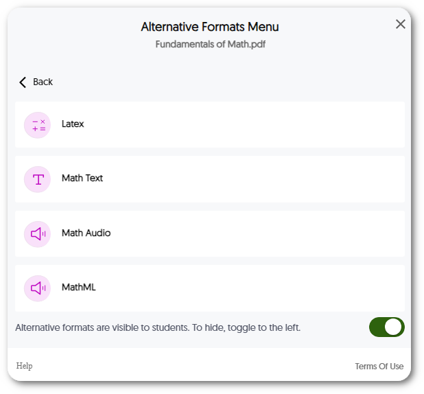 Alternative Formats menu for MathML.