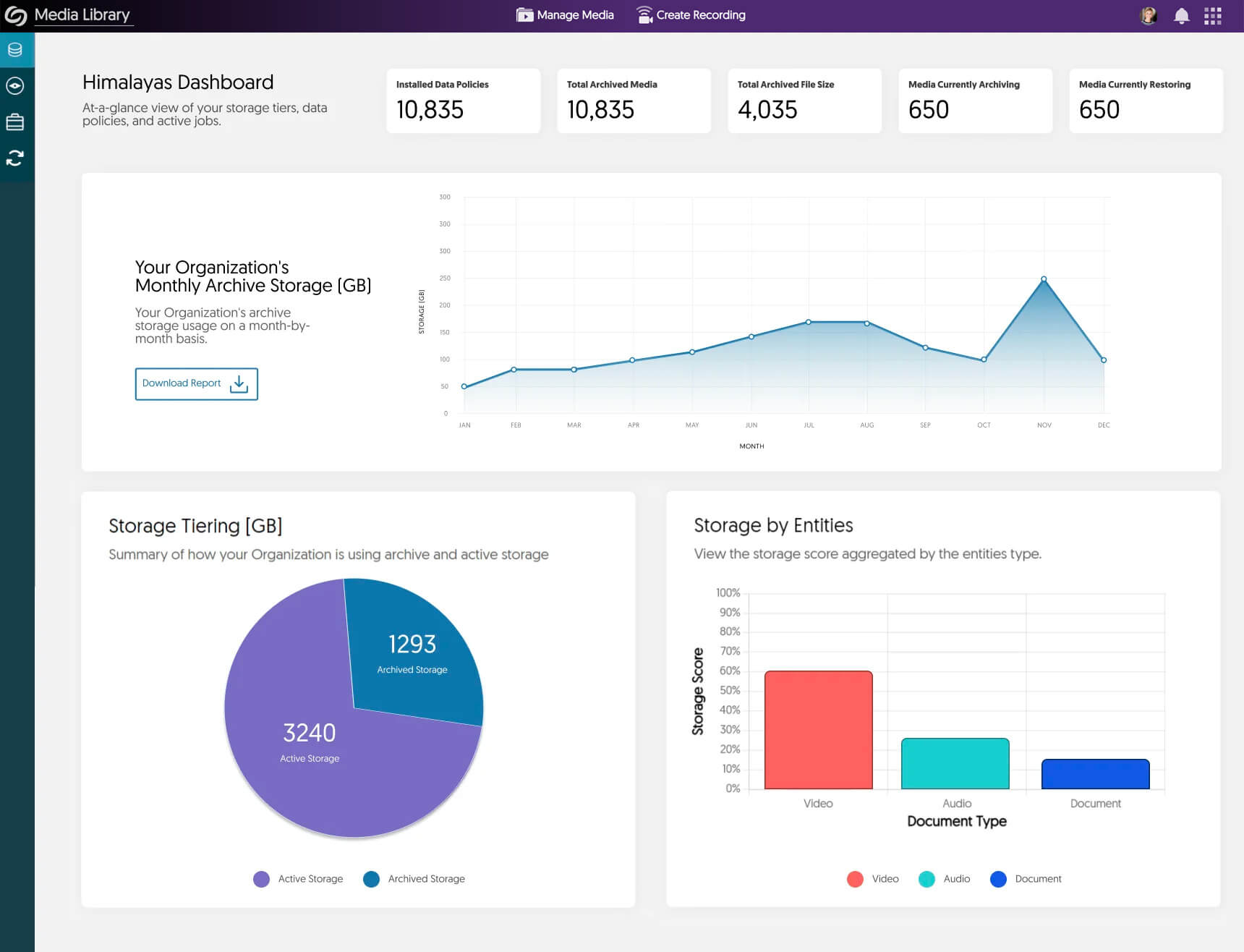 A screenshot of a storage report within the YuJa Himalayas dashboard.            