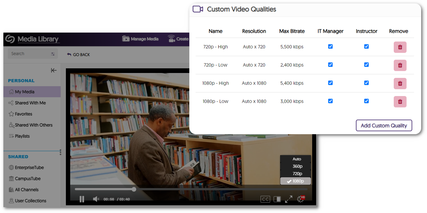 a table showcasing custom video qualities that have been added.