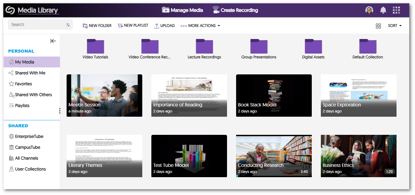Media gallery view of various file formats with their thumbnail.