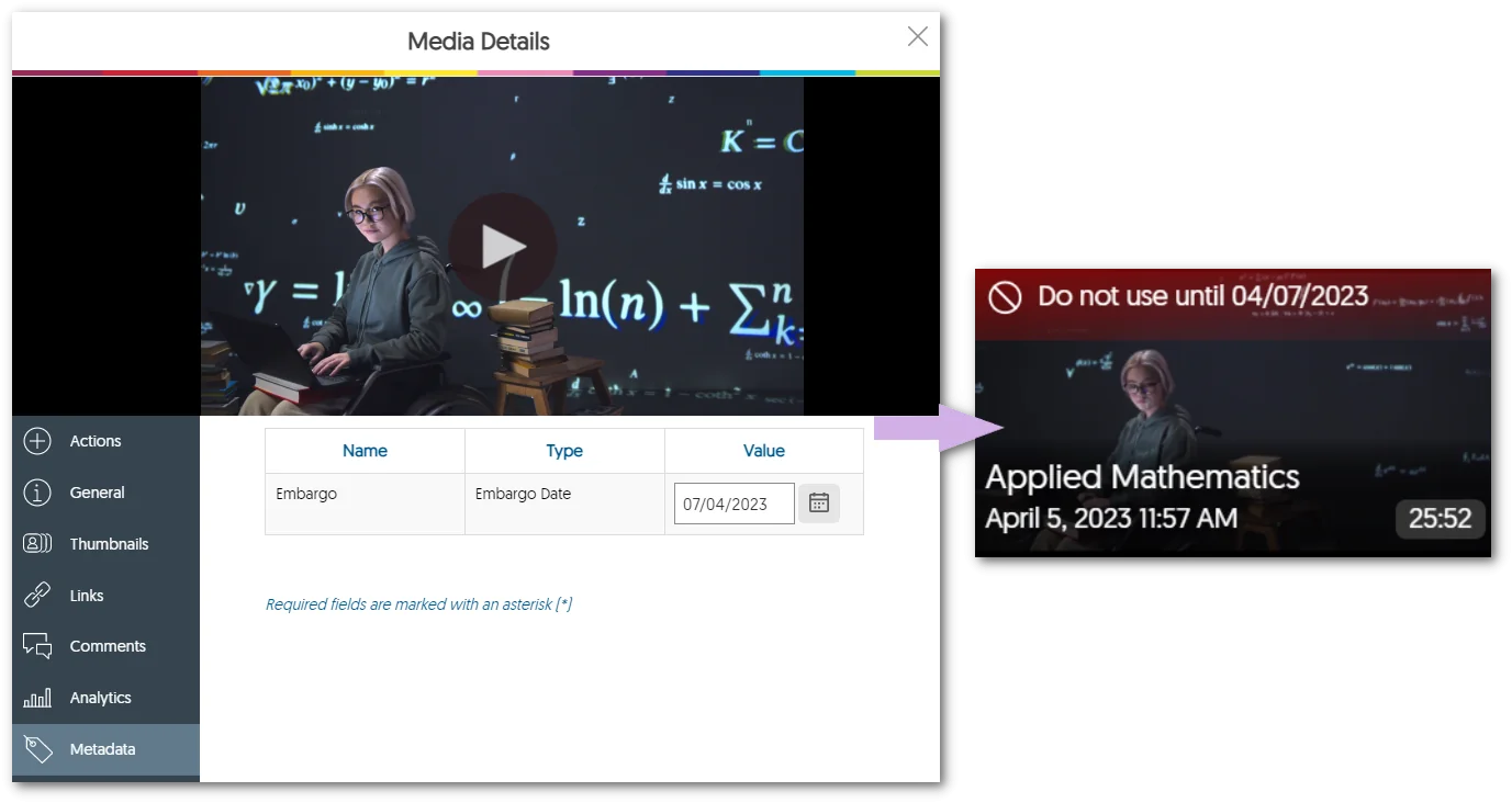 Media Details panel showcasing the Embargo metadata.