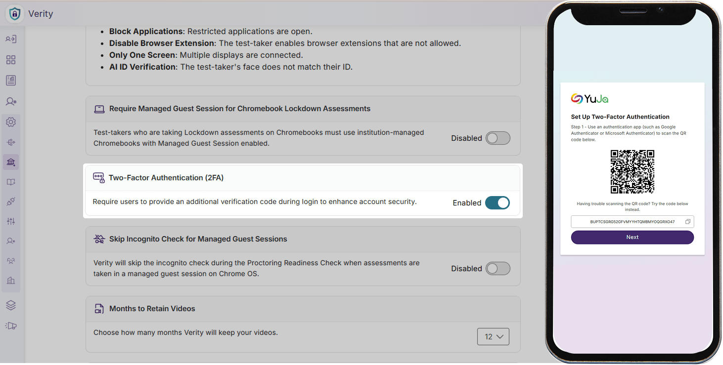Multifactor-authentication set up for Verity on a phone.