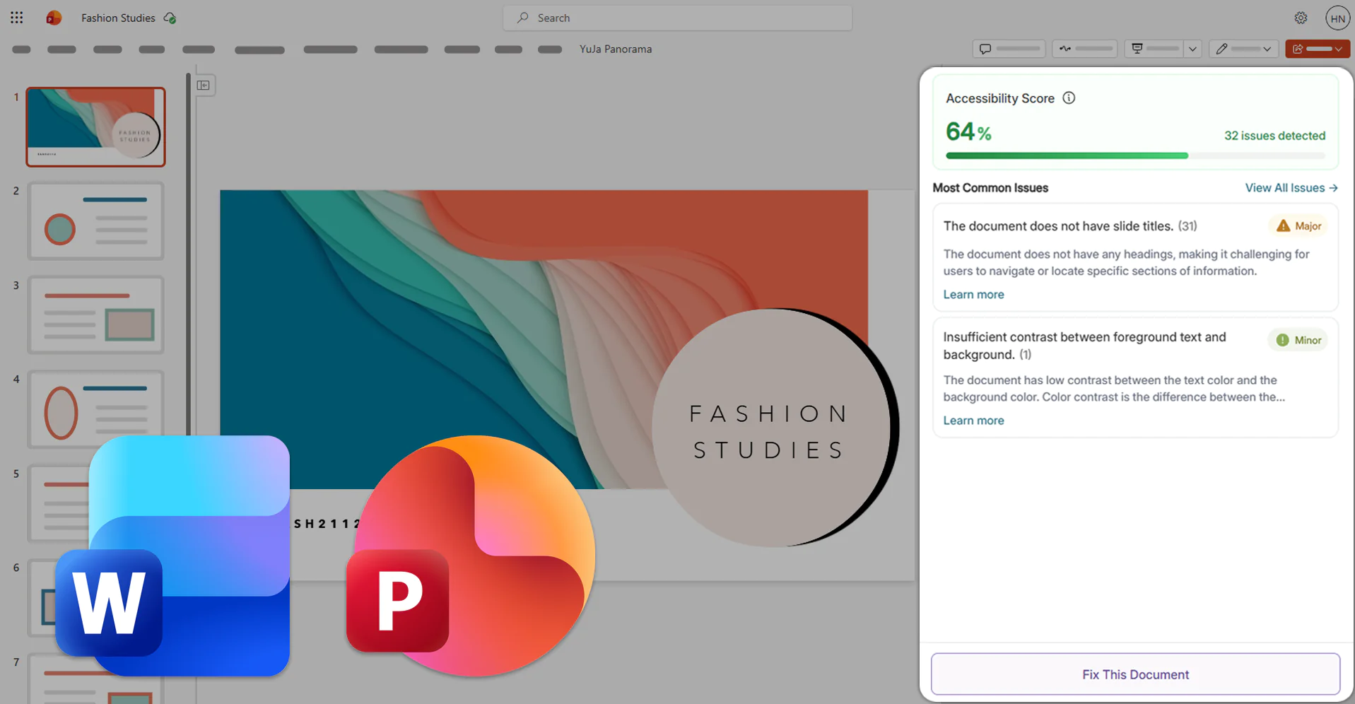 Screenshot of a presentation slide titled Fashion Studies open in Microsoft PowerPoint. An accessibility score panel shows a 64% score with 32 issues detected.