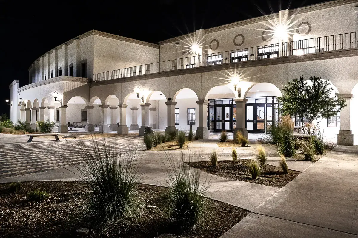 El Paso Community College campus building in night.