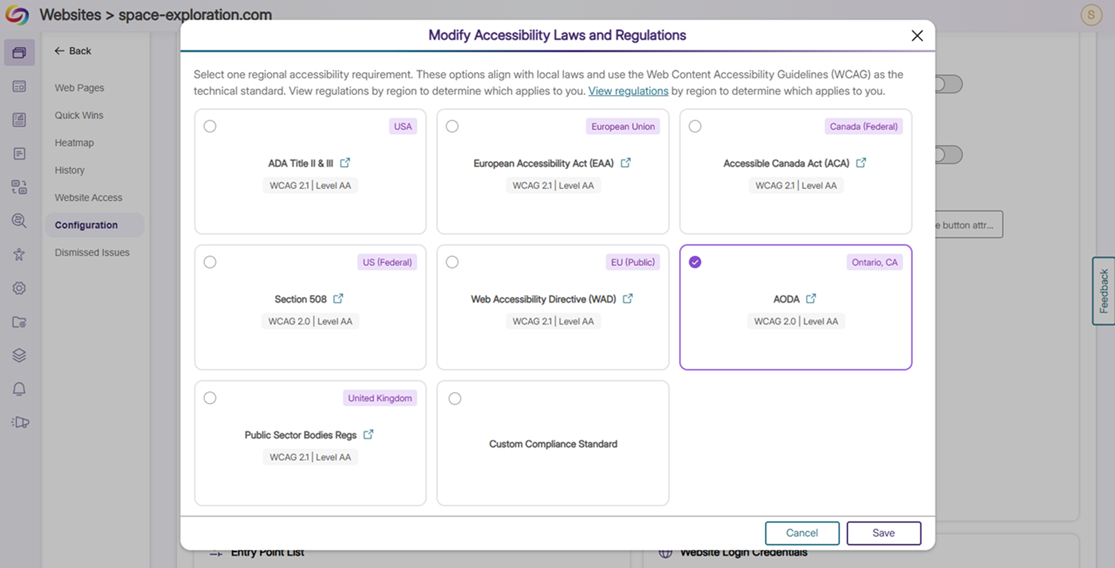 Choosing a conformance standard to scan for in EqualGround.