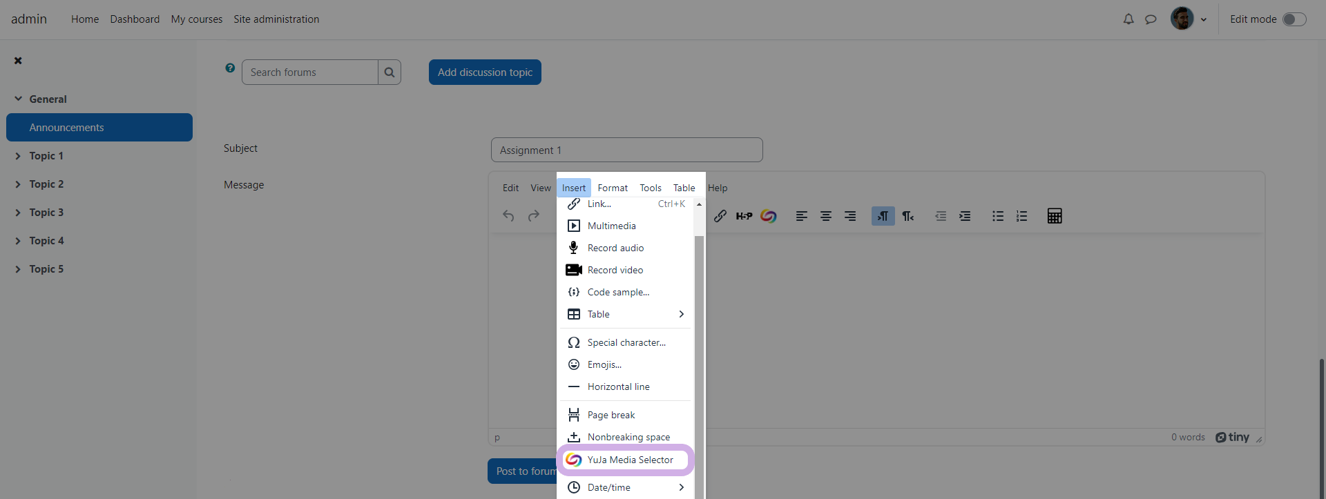The option within Moodle's text editor to insert the Media Chooser through the insert menu.