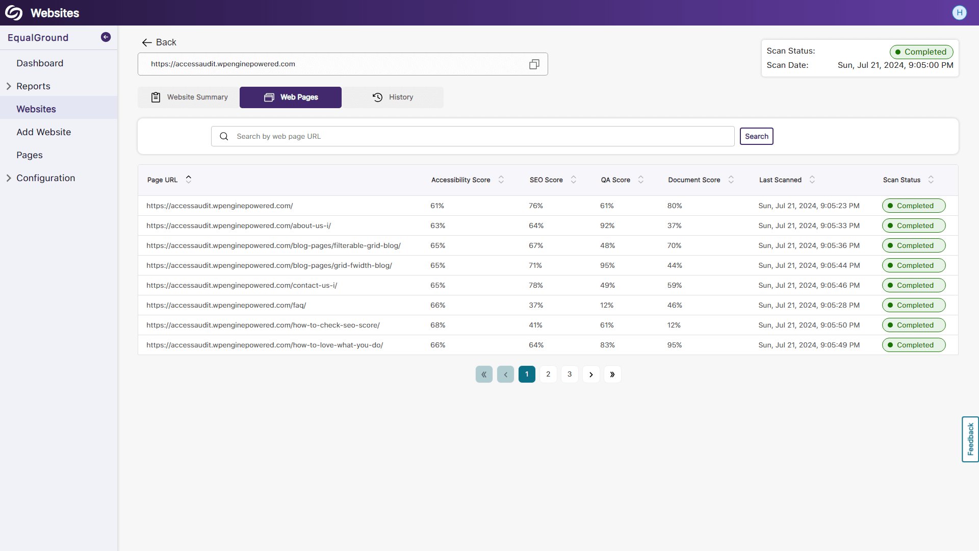 A scan showing URLs, accessibility and other compliance scores.       