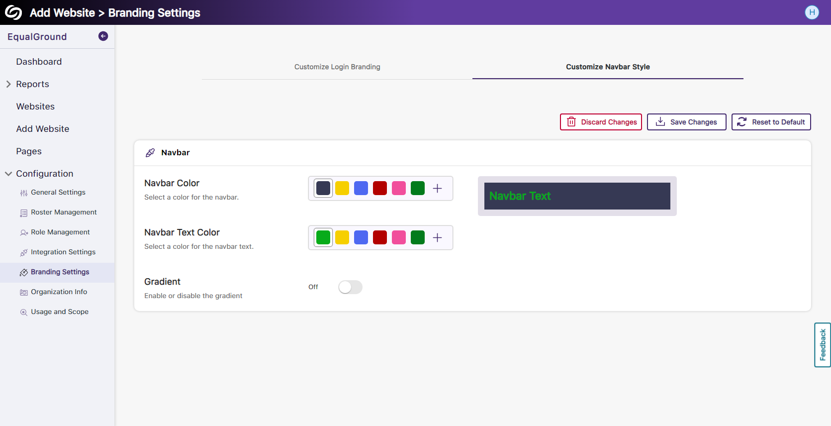 The branding page for shows options to adjust colors for the navbar.