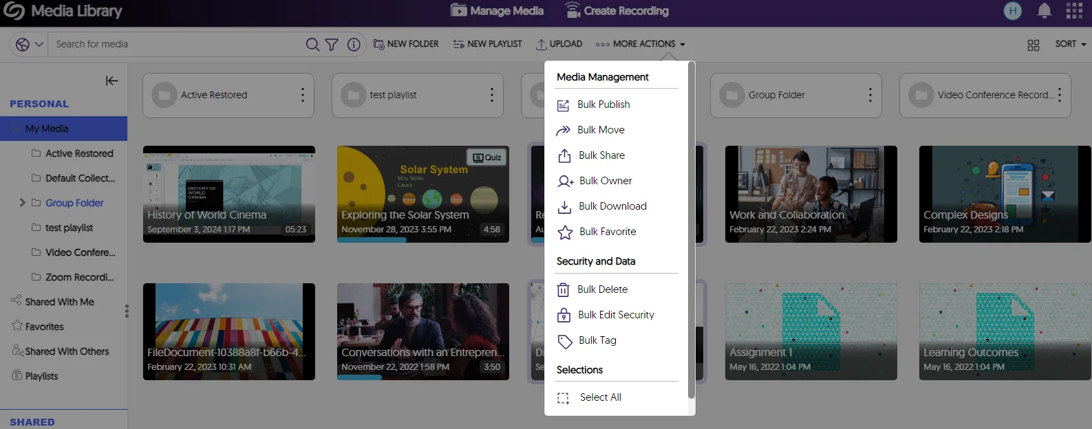 The Actions drop-down menu shows a list of organized settings.