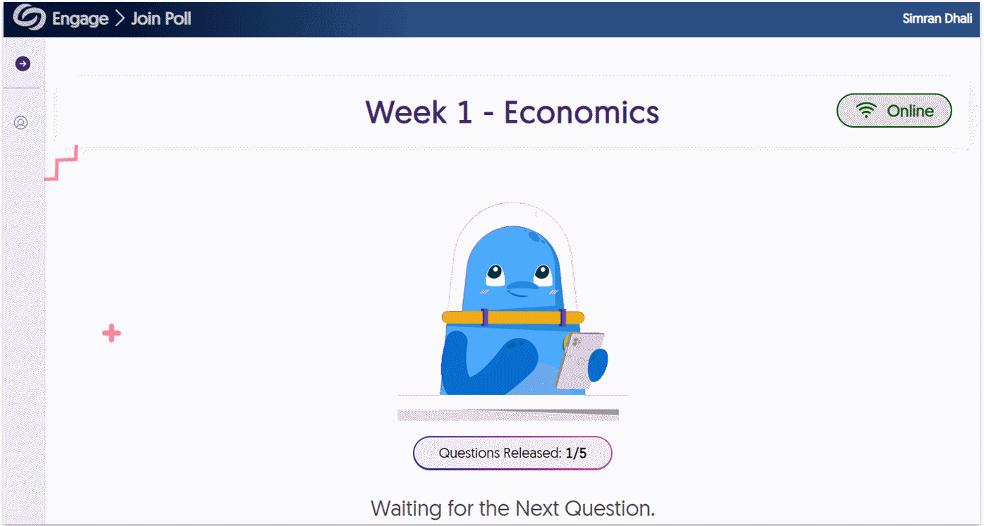 An animated blue space alien is reading questions on their phone.