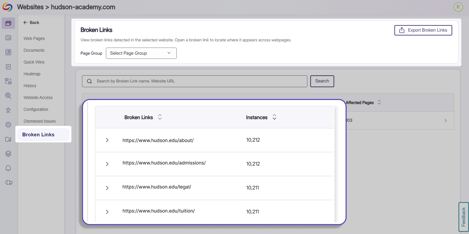 Broken Links Report: The Usability Report now includes a separate Broken Links Report that displays all broken link URLs, all webpages that contain the selected broken link, and instant navigation capabilities that direct the user to the affected pages for remediation.
