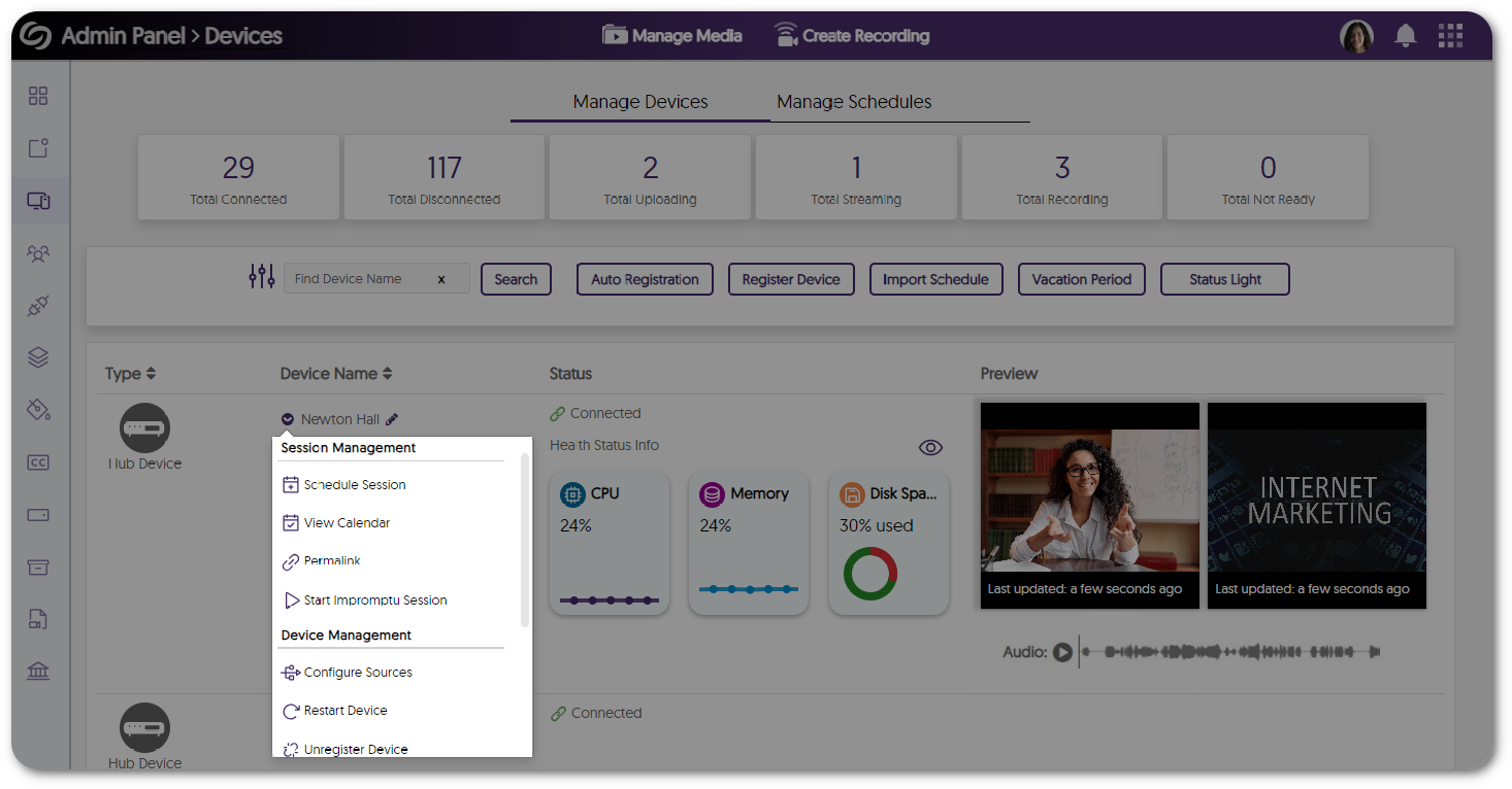 An organized list of menu options for a device.