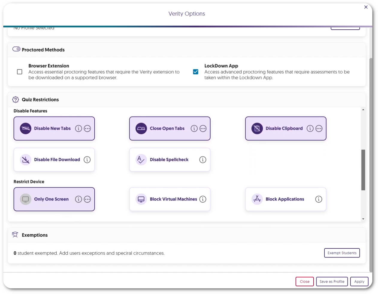Verity Options menu.