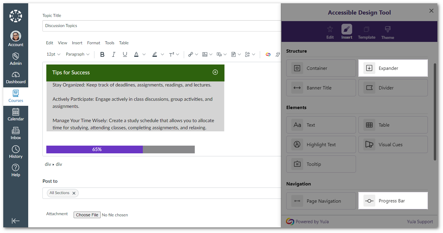 The expander and progress bar tools are added within an HTML editable area in Canvas.