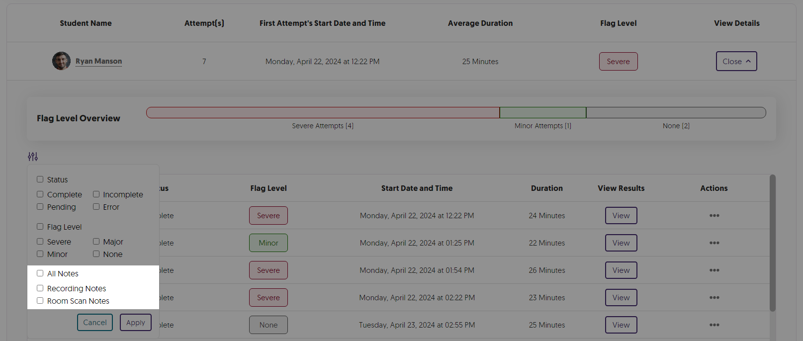 The option to filter recordings by notes is shown.